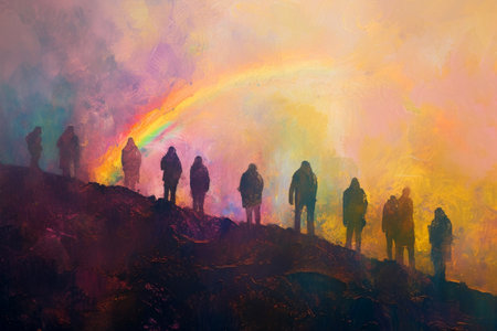 A group of people in front of a rainbow in the style of an oil paintingの素材