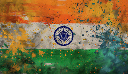 Flag of India with colorful paint splashes and wheelの素材