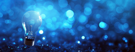 A light bulb glows on a blue blurred backgroundの素材