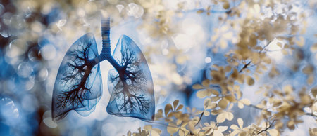 A pair of lungs with visible bronchial structures on a blurred background. Internal structure of the lungs with the bronchial treeの素材