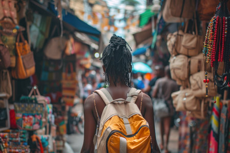 A person walks along a narrow street with a market in a shopping district. A man with a backpack walks between shops and stallsの素材