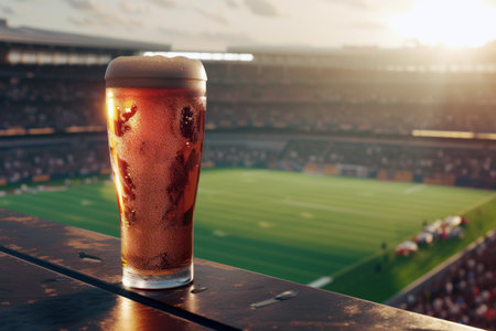 A glass of beer with a foamy head on a wooden surface with a view of a stadium with a football field during sunsetの素材