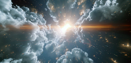 Space digital light tunnel background. Background with stripes and dots of motion and energyの素材