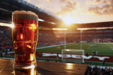 A glass of beer with a foamy head on a wooden surface with a view of a stadium with a football field during sunsetの素材