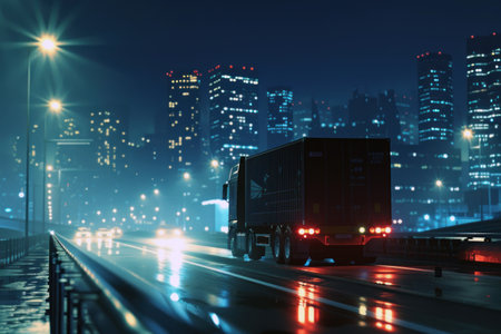 A big truck is driving on the highway at night after the rainの素材