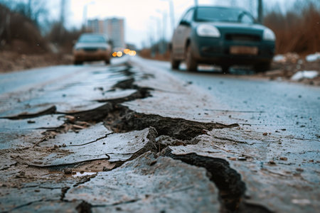 Road is damaged by large cracks and breaks. Broken and uneven roadの素材