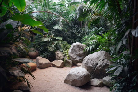 A lush tropical environment with a variety of plants and rocks. Dense vegetation with large broad leaves and fernsの素材