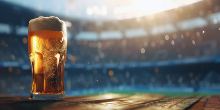A glass of beer with foam in a stadium with a blurred backgroundの素材