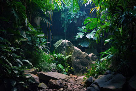 A lush tropical environment with a variety of plants and rocks. Dense vegetation with large broad leaves and fernsの素材