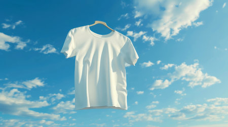 A white t-shirt hangs on a hanger against a clear blue sky with scattered cloudsの素材