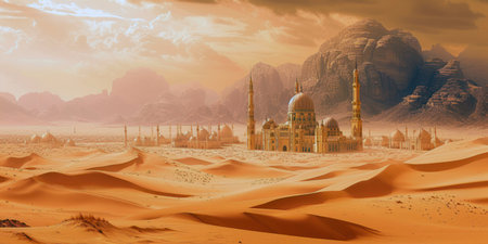 Desert landscape with architectural structures. The mosque is located among sand dunes with a warm orange hueの素材