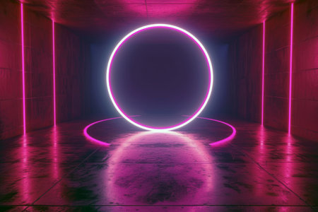 Futuristic interior neon round portal with bright purple light in the middle of the roomの素材