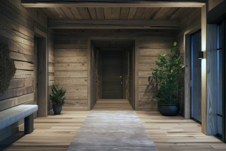 Spacious and bright room with a warm and cozy atmosphere. Wooden floor and walls in a cozy roomの素材