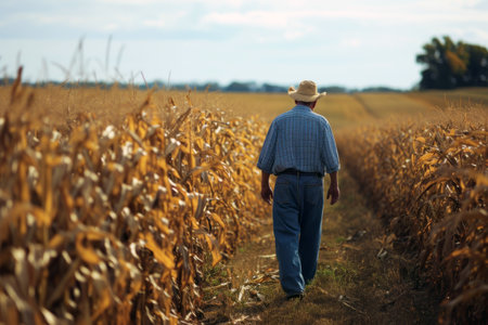 A man in a hat walks across a field among tall cornの素材