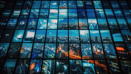 A room with a large number of monitors. Monitors in semicircular or curved configurationsの素材