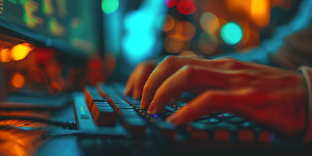 A person is typing on a computer keyboard. Background is blurred with colored lightsの素材
