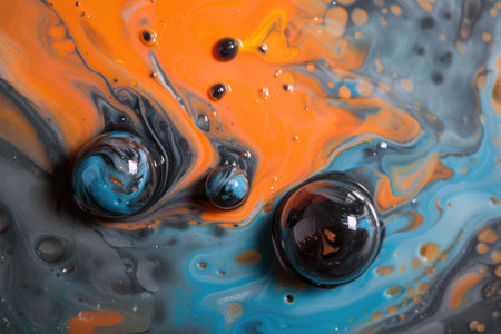 Close-up liquid with swirling patterns orange drops and bubblesの素材