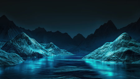 Ethereal blue mountains and serene night lake. Calm mysterious landscapeの素材