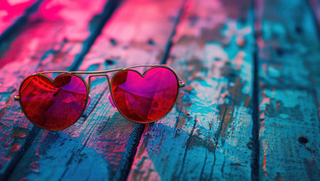 Fashion heart shaped sunglasses on artistic color tree. Fashion accessory for summerの素材