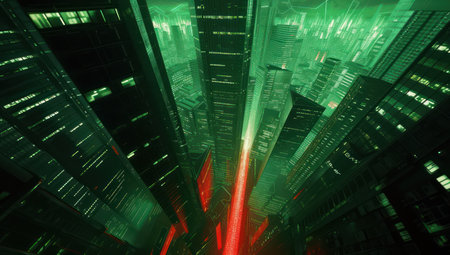 Futuristic green glowing cityscape at night with skyscrapers and reflectionsの素材