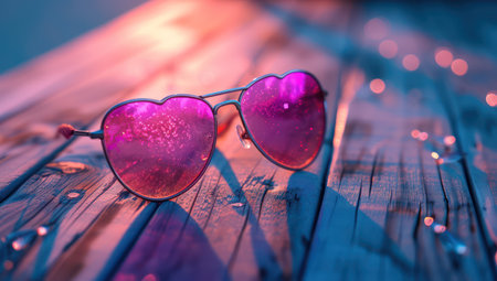 Fashion heart shaped sunglasses on artistic color tree. Fashion accessory for summerの素材
