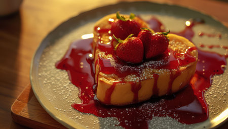 Romantic heart-shaped pancakes with maple syrup. A sweet breakfast for St. Valentineの素材