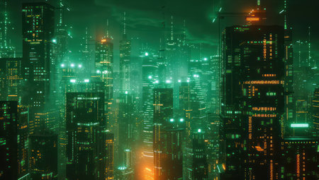 Futuristic green glowing cityscape at night with skyscrapers and reflectionsの素材