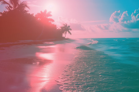Dreamy pink sunset over calm beach waves. Romantic tropical seascapeの素材