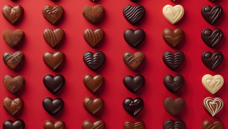 A variety of handmade chocolates in the shape of a heart. Sweet gift concept for romance and pleasureの素材