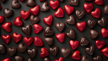 A variety of handmade chocolates in the shape of a heart. Sweet gift concept for romance and pleasureの素材
