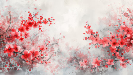 Red cherry blossoms watercolor illustration. Gentle spring flower branches on a soft pastel backgroundの素材