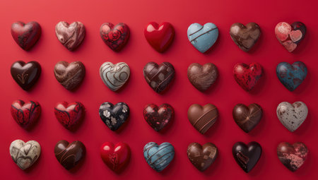 A variety of handmade chocolates in the shape of a heart. Sweet gift concept for romance and pleasureの素材