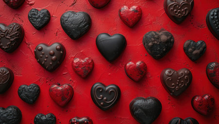 A variety of handmade chocolates in the shape of a heart. Sweet gift concept for romance and pleasureの素材