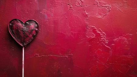 Red lollipop in the shape of a heart on a glossy textured surface for Valentine's Dayの素材