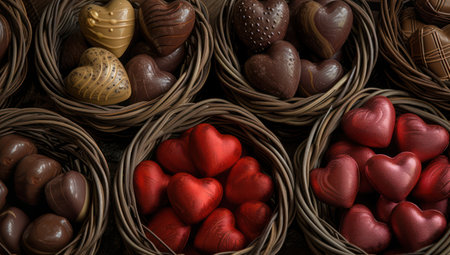 A variety of handmade chocolates in the shape of a heart. Sweet gift concept for romance and pleasureの素材