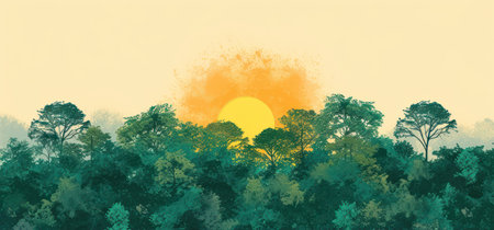 Mystical rays of the sun penetrate the green misty forest at dawnの素材