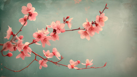 Spring cherry blossoms with bright turquoise watercolor backgroundの素材