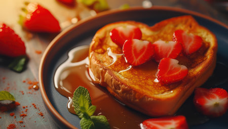 Romantic heart-shaped pancakes with maple syrup. A sweet breakfast for St. Valentineの素材