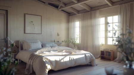 Stylish modern bedroom interior with cozy white bedding and chic decorの素材