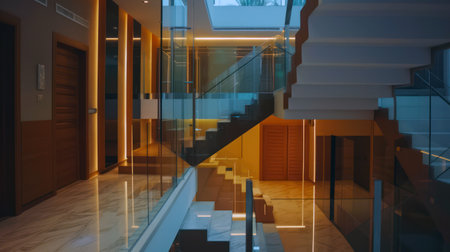 Modern luxury home interior with wooden staircase and spacious designの素材