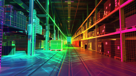 Futuristic neon warehouse interior with organized shelves and goodsの素材