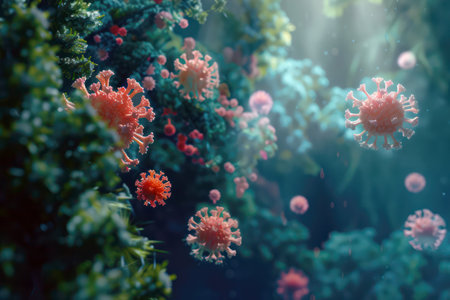 Virus cells in microscopic view for medical researchの素材
