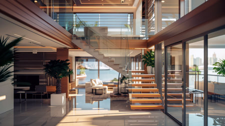 Modern luxury home interior with wooden staircase and spacious designの素材