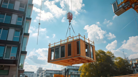 Crane lifting modular construction unit against blue skyの素材