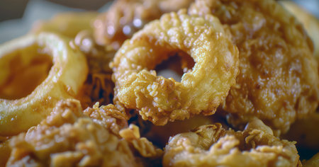 Close-up of a delicious fried food platter with chicken, onion rings, and seafood snacksの素材