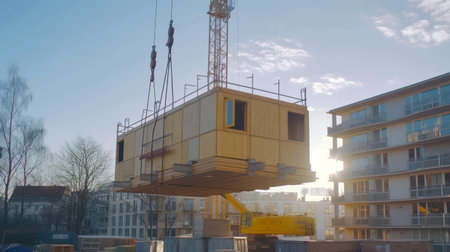 Crane lifting modular construction unit against blue skyの素材