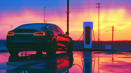 Futuristic electric car charging at station against vibrant sunset skyの素材