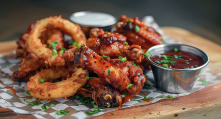 Close-up of a delicious fried food platter with chicken, onion rings, and seafood snacksの素材