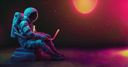 Futuristic Astronaut Working on Laptop with Cosmic Space Backdropの素材