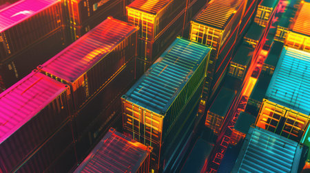 Colorful pattern of stacked shipping containers in an industrial freight terminalの素材